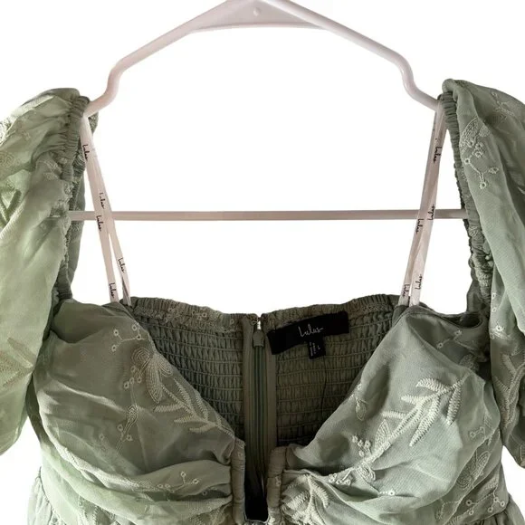 Lulus Cutest Icon Sage Green Embroidered Off-the-Shoulder Mini Dress Size Lg NWT - Picture 5 of 6